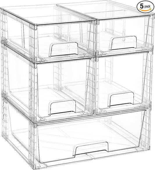 Vtopmart Clear Stackable Storage Drawers, 5 Pack Multi-Size Organizer Set | Wide, Medium and Small Pull-Out PET Drawers with Stackable Design for Cabinets, Closets, Pantry and Bathroom Organization