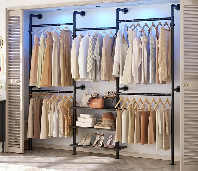 Aheaplus Expandable Industrial Pipe Clothing Rack, 7.3-10.9Ft Wall Mounted Closet System, Reversible L Shaped Clothes Rack for Hanging Clothes,Heavy Duty Corner Wardrobe Closet Garment Rack, Black Oak
