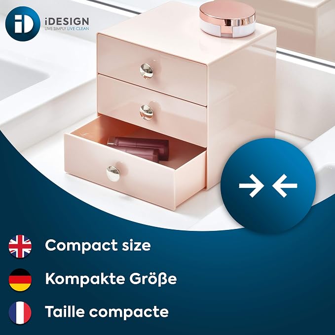 iDesign Plastic 3-Drawer Jewelry Box, Pink, 6.5" x 6.5" x 6.5" | Compact Storage Organization, For Cosmetics, Dental Supplies, Hair Care, For Bathroom, Office, Dorm, Desk, Countertop