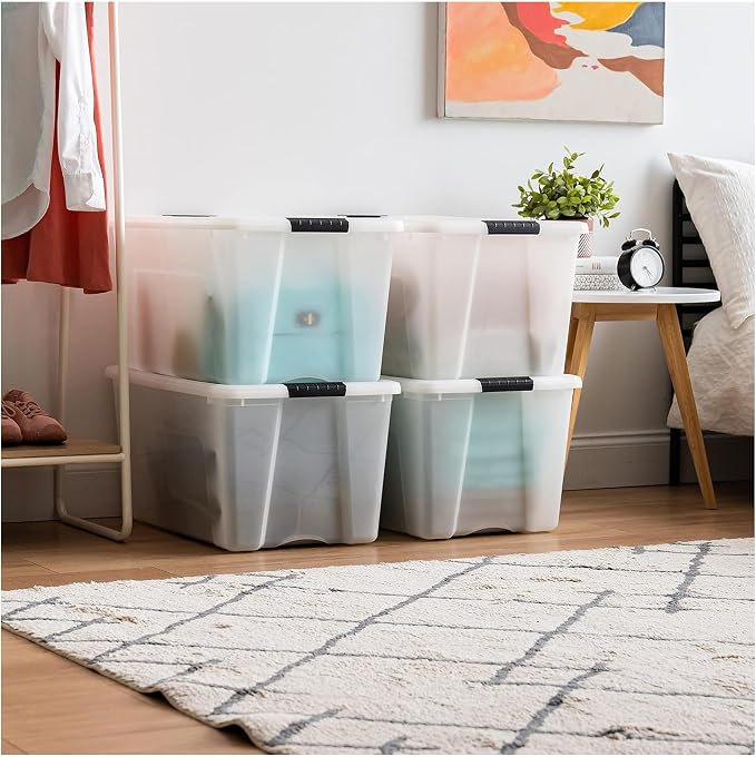 IRIS USA 72 QT Plastic Storage Box with Lid and Latches - 8 Pack - BPA-Free, Discreet Organizing Solution, Durable Nestable Stackable Containers, Secure Pull Handle - Pearl