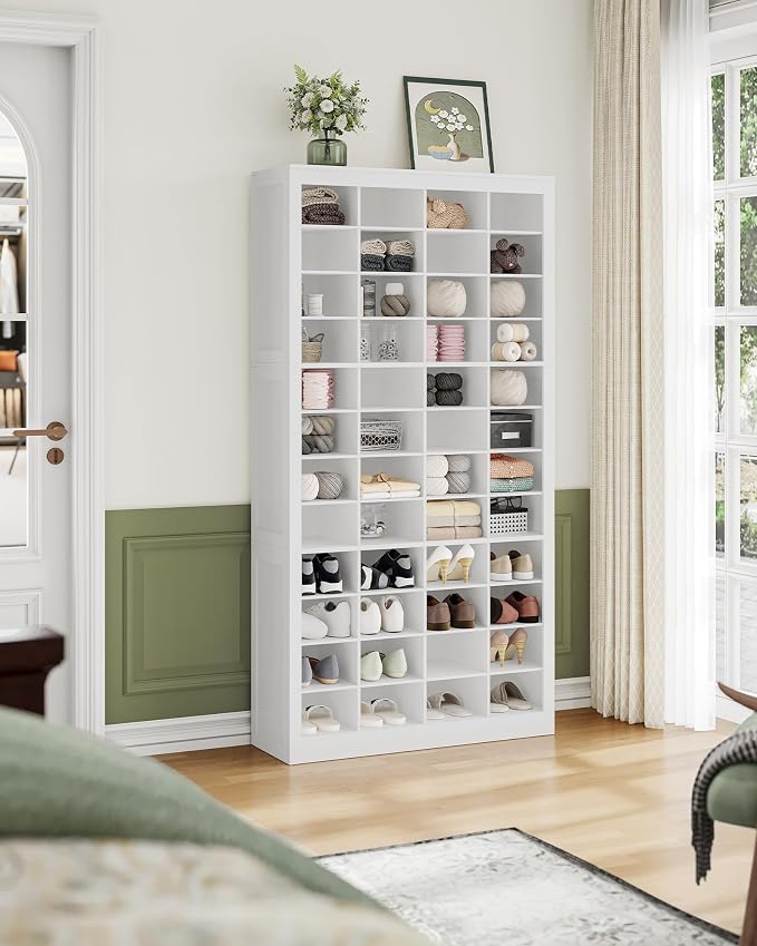 Hzuaneri Shoe Storage Cabinet, 48 Pairs Free Standing Closet Organizer, 9 inch Widened Cell Wood Shoe Organizer, 12 Tiers Vertical Space Saving Shoe Rack for Entryway, Cloakroom, White SR39603X