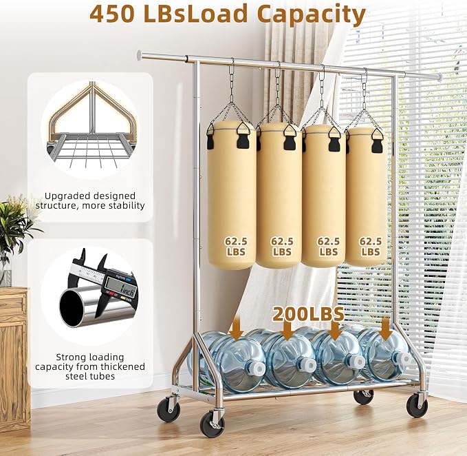 Simple Trending Heavy Duty Clothes Rack, Extensible Clothing Rack, Silver | Garment Rack Load 450 LBS, Portable Closet with Mesh Bottom Shelf, 360° Lockable Wheels, Bedroom, Laundry Room