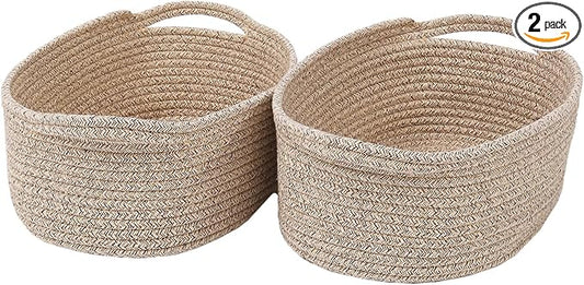 JMvicyroam Small Woven Basket, Empty Gift Basket, Oatmeal/2 Pack | Small Gift Basket, Cotton Rope, 12 x 8 x 13 in, Handles, Includes Ribbon and Bag, Birthday Gift Basket