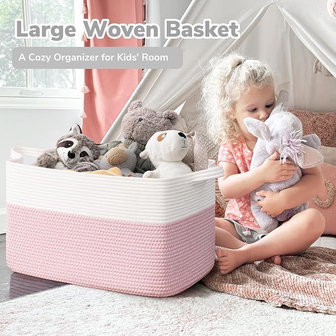 Goodpick Large Woven Blanket Basket, Rectangle Storage, White & Pink | 21.6 x 14.9 x 11.8 in, Reinforced Handles, Nursery & Bedroom Organization, Baby Toys, Blankets & Kids Essentials Storage