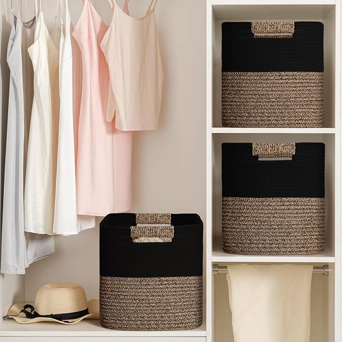 13 Inch Storage Cubes, 3 Pack Cube Storage Bins for Organizing, Cotton Rope Woven Baskets for Shelves, Bathroom, Kids Room, Closets, Baby Nursery