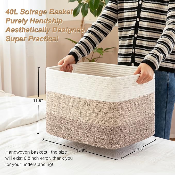 2 Pack Woven Storage Baskets for Closet, Toy Basket with Handles | Large Baskets for Organizing Shelves, Closet Storage for Blanket Living Room, Bedroom, Nursery, 15.8" x 11.8" x 11.8"