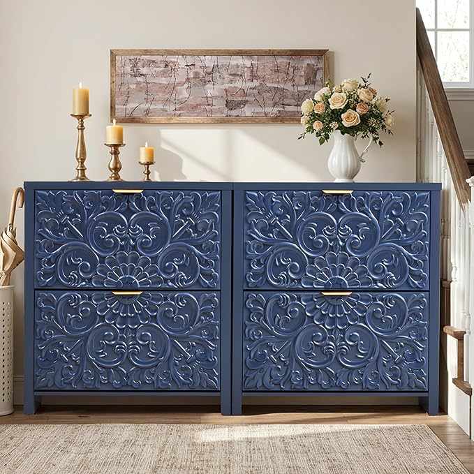 weselon Flip Drawer Shoe Cabinet Set of 2, Narrow Shoe Storage Cabinet, 2-Tier Hidden Shoe Organizer with Carved Floral for Entryway, Slim Shoes Storage for Hallway Foyer (2, Midnight Blue)