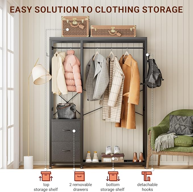 Lulive Clothes Rack with 2 Rods, Shelves, Drawers & Hooks, Garment Rack | Clothes rack with 2 hanging rods (50lbs each), 2 shelves, 2 fabric drawers & 4 hooks. 300lb total capacity. Fits small spaces