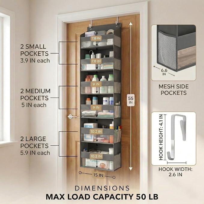 HOMELUX THEORY UPGRADED 6 Tiers Over The Door Organizer Hanging - 100D EXTRA THICK & 50lbs HUGE CAPACITY, 12 Side Mesh Pockets Over The Door Shoe Organizer, Hanging Closet Organizer (Dark Gray, 1pc)