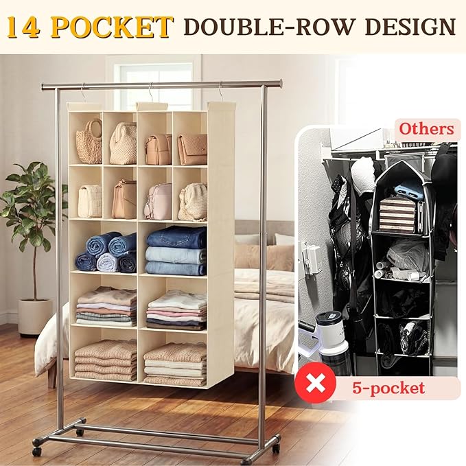 5 Tier Hanging Closet Organizer, 14 Compartments Dual Row Storage, Beige | Closet Organizers and Storage with Large & Small Pockets, 3 Sturdy Hooks Support Heavy Loads, Ideal for Dorm, Garment Rack
