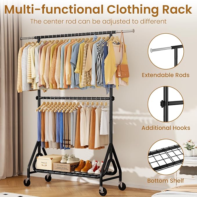 Heavy Duty Clothes Rack for Hanging Clothes, Double Rods Clothing Rack with Lockable Wheels, Rolling Garment Racks with Shelf, Easy to Assemble, Black