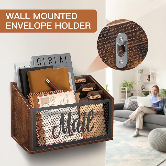 Mail Organizer Countertop with 3-slots | Wooden Mail Holder for Desktop | Farmhouse Mail Sorter Wall Mounted | Office Desk Organizers for Bill Letter File
