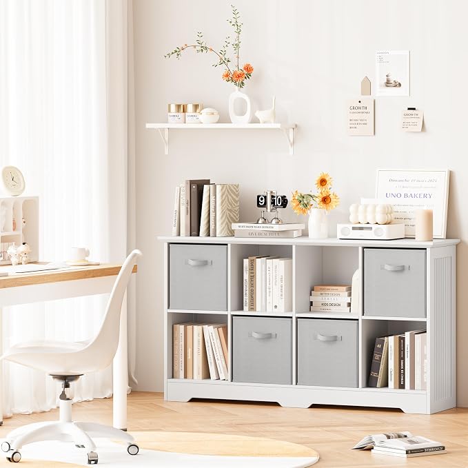 8 Cube Storage Organizer Shelf, Wood Cubby Storage with 4 Fabric Drawers | 2 Tier Wooden Bookshelf with 2 Adjustable Shelves, Fluted Side Panels Bookcase for Bedroom, Living Room, Home Office, White