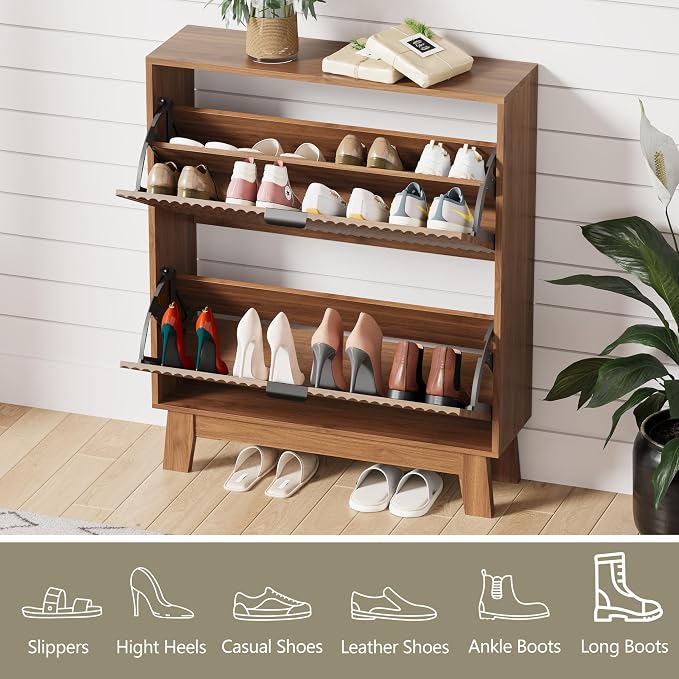 Shoe Cabinet Storage for Entryway with 2 Flip Drawers, Fluted Narrow Shoe Organizer with Wooden Legs, Freestanding Slim Shoe Storage Hidden Shoe Rack Organizer for Front Door Entrance, Walnut
