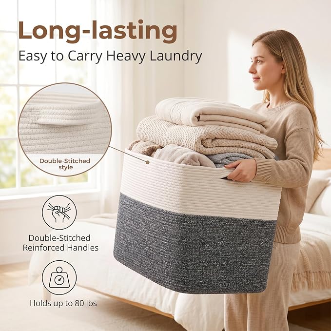OIASKET 108L Cotton Rope Storage Basket for Living Room and Bedroom 25"x16"x16" Woven Laundry Basket, Heavy Duty Bin for Blankets, Pillows & Toys, Pet-Safe & Scratch-Free, Dark Grey and White