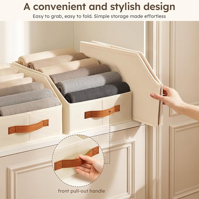 Fabric Storage Bins for Organizing - 4 Pack Large Trapezoid Collapsible Storage Bins with Front Handle, Closet Organizers and Storage for Bedroom, Home Shelves, Small Spaces, Beige