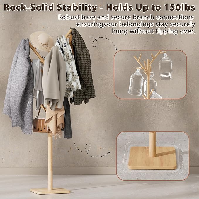Solid Wood Coat Rack - Freestanding Coat Hat Rack Stand with 14 Hooks, Clothes Rack Heavy Duty Space Saving Entryway Coat Tree Hanger Rack for Coats Jackets Hats Bags, Adjustable Height (Natural)
