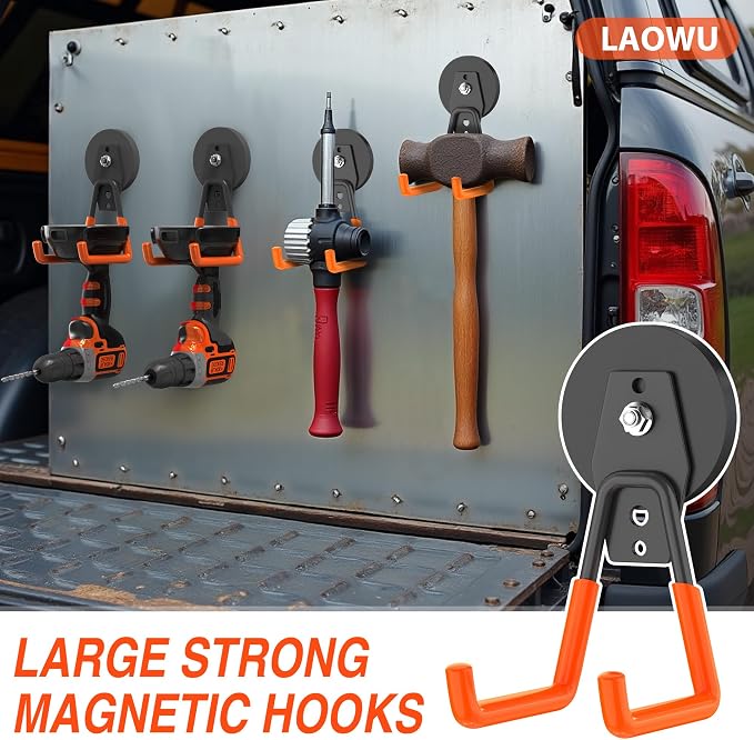 4Pcs Magnetic Hooks Heavy Duty, Large Strong Magnetic Storage Hook for Hanging Garage Tool, 66mm Magnet Hooks with Anti-Slip Coating, Magnetic Holder for Power Drill/Metal Cabinet/Garden Tools