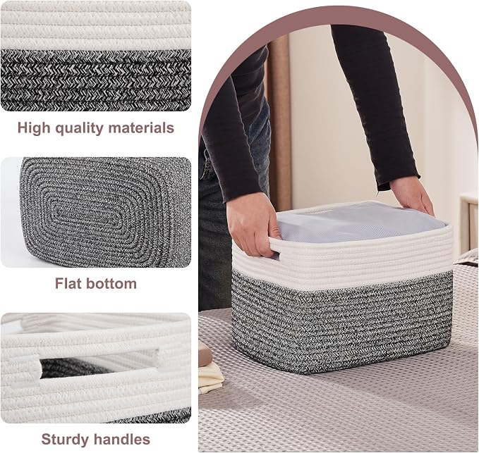 OIAHOMY 4 Pack Storage Basket, 13"x9"x7.8" Cotton Rope Baskets for Shelves, Closet Organizer for Bedroom & Living Room, Soft Decorative Bins for Organizing Towels, Books & Toys, Black & White