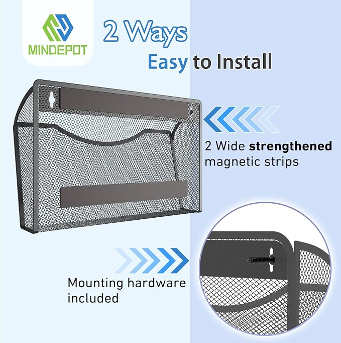 MINDEPOT Magnetic Wall File Organizer, Hanging File Holder, 3 Pack, Black | Heavy Duty Iron, Powerful Magnet, Metal Mesh Wall Mount, Single Pocket, for Office School Classroom Home, Letter A4 Size