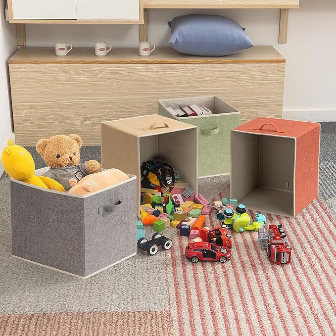 Storage Cube Organizer Bin 13" x 15" x 13" Large Boxes Fabric Basket with Handles for Organizing Shelves Closet Clothes 4 Color Set A