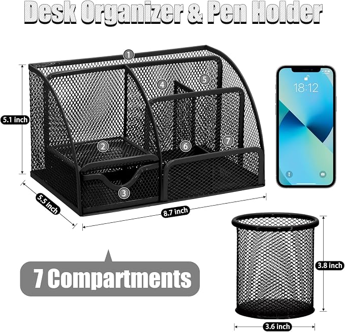SYMDROMIA 13-in-1 Office Desk Organizer Set with Stapler and Tape Dispenser, Pen Holder, Scissors, Ruler, Hole Punch, 2 Pens & More Desktop Accessories for Back to School Supplies (Black)