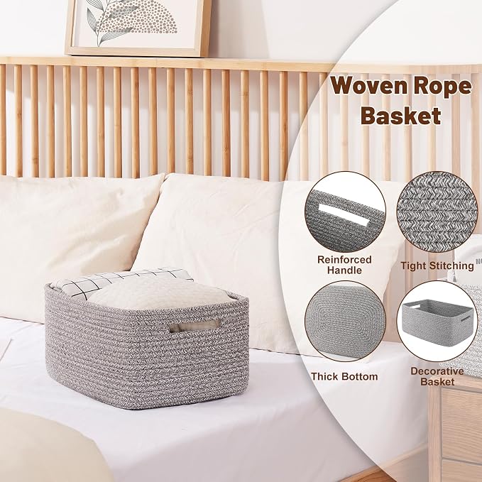 OIAHOMY Storage Basket for Shelves, Closet Cube Storage Bins Baskets for Clothes Blanket Towels, Baby Nursery, Toy Baskets Box, Woven Rope Basket, 15.75 * 11.81 * 7.09 IN, 2 Packs Grey