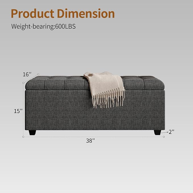 38" Dark Grey Fabric Storage Ottoman Bench with Hinged Lid | Solid wood frame bench, 4-leg easy assembly. Use as end-of-bed, footrest, entryway seat. Hinged hidden storage, multi-use.