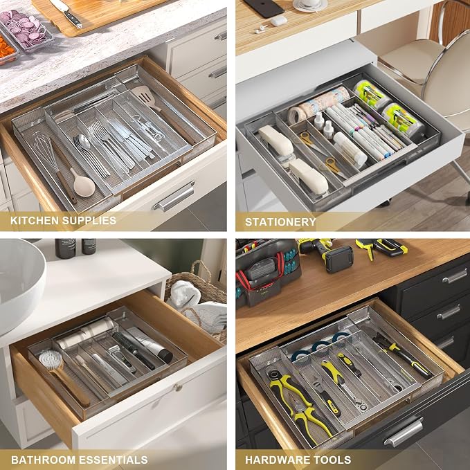 Sedegn Silverware Organizer Metal Mesh, Drawer Organizer, Utensil Cutlery Tray Expandable Flatware Organizer with 7 Compartment Silver 9.6"~16.1" x 13.8"