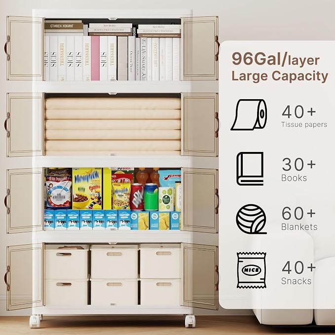 384QT Extra Large Stackable Storage Bins with Lids | & Wheels & Door, 96Gal Foldable Collapsible Closet Organizers, Plastic containers drawers for bedroom Dorm
