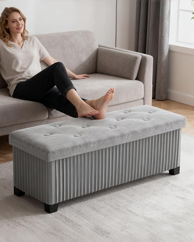 LITZFUR 43 Inches Storage Ottoman Bench, Velvet Foot Rest Stool, Grey | Folding Ottoman with Legs, End of Bed Bench, Storage Chest for Living Room, Bedroom