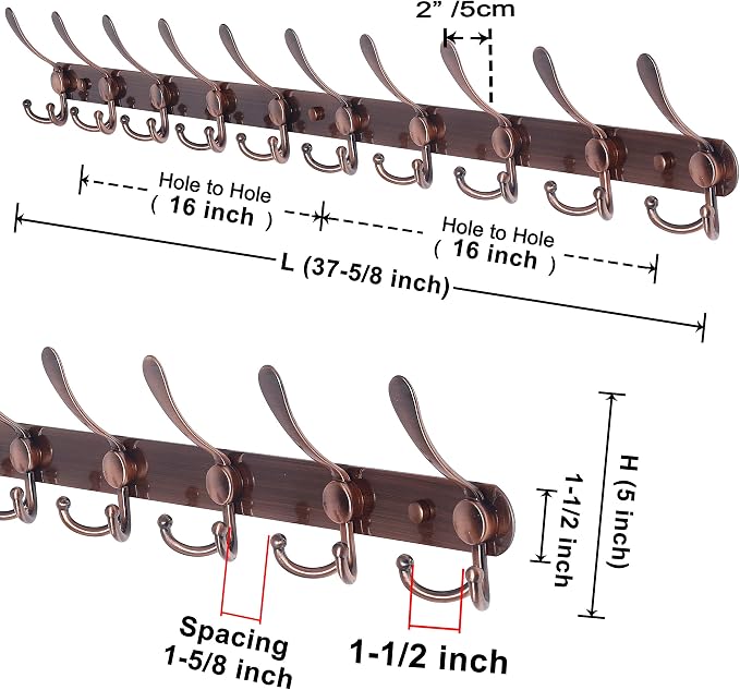 Dseap Coat Rack Wall Mount - 38” Long 10-Tri-Hooks Heavy Duty Coat Hanger Rail Wall Hooks for Hanging Coats Hats Clothing Clothes Purse Mudroom Entryway, Antique Copper, Pack of 2
