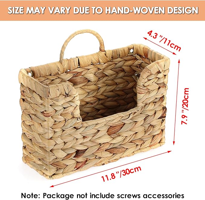 BTSKY Woven Hanging Magazine Holder, Water Hyacinth Magazine Basket, Wall Mounted Storage Basket for Books & Files, Wall File Organizer Magazine Rack with Handle for Home & Office - 11.8x4.3x7.9 Inch