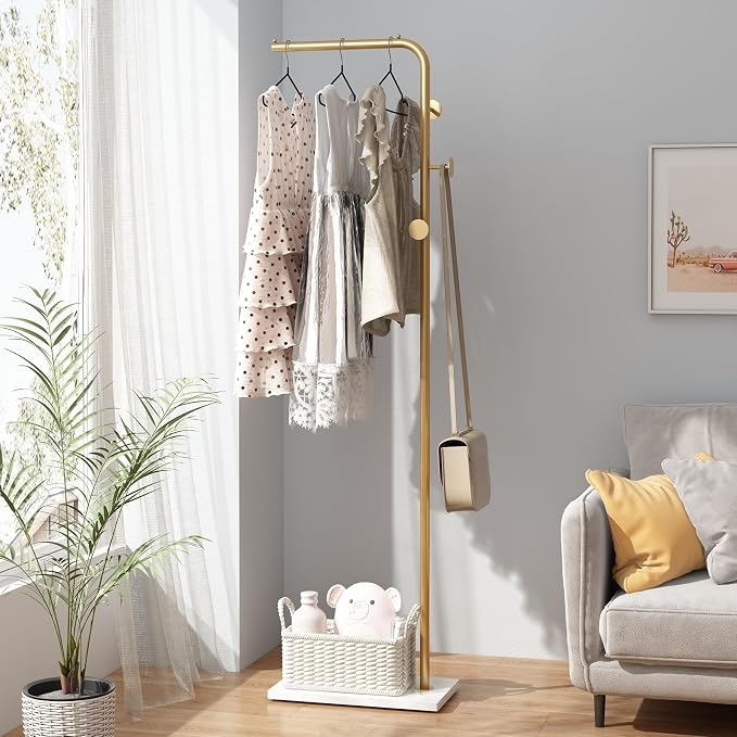 TIEOU Gold Coat Racks, Metal Coat Racks Freestanding with Crossbar and 3 Hooks, Modern Coat Hanger with Marble Base, L Shaped Coat Stand for Entryway, Bedroom, Living Room, Office