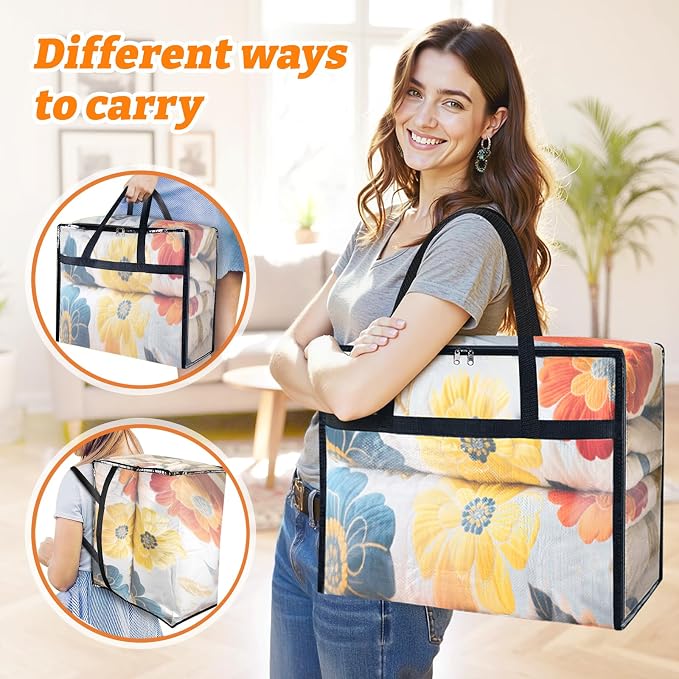 BlissTotes 4 Pack Clear Clothes Storage Bags, Moving Bags, Foldable Blanket Storage Under Bed Storage Containers with Sturdy Zipper and Handle for Clothing, Comforter, Bedding, Sheet (60L)