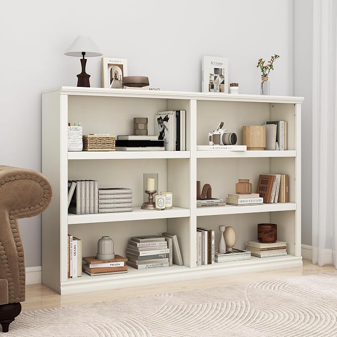 64" W Double Wide Open Shelf Bookcase, 3 Tiers 6 Storage Cube Book Shelf | Horizontal bookshelf, Display Cabinet Organizer Indoor Furniture, Home Library Office, White Adjustable Shelf