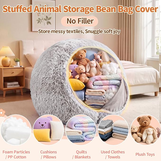 Stuffed Animal Storage Bean Bag Chair Cover, Soft Bean Bag Cover | Fluffy Faux Fur Stuffed Animal Storage Chair, Non-Slip Bottom, Fill with Plush Toys or Blankets, for Kids Teens Adults Girls