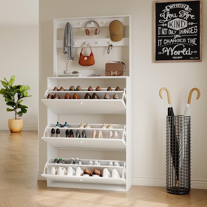 HOPUBUY Shoe Cabinet for Entryway, Narrow Shoe Storage with 3 Flip Drawers | Slim Narrow Freestanding Shoe Storage Organizer for Entryway, Hallway & Living Room, White