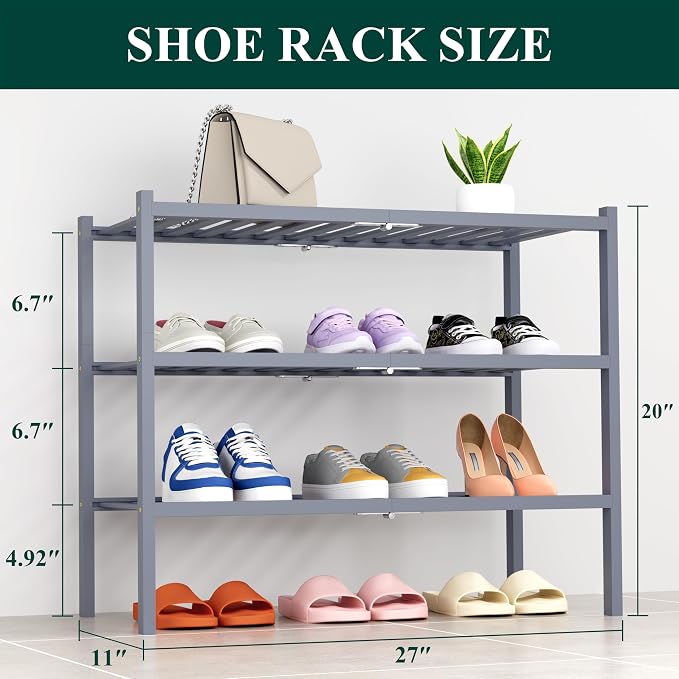 Smiry Bamboo Shoe Rack, 14 Vertical Slats, 3 Tier - 26.8" Wide, Grey | Stackable Free Standing Wooden Shoe Organizer, Wood Shoe Storage Shelf for Closet, Entryway, Thicher Leg