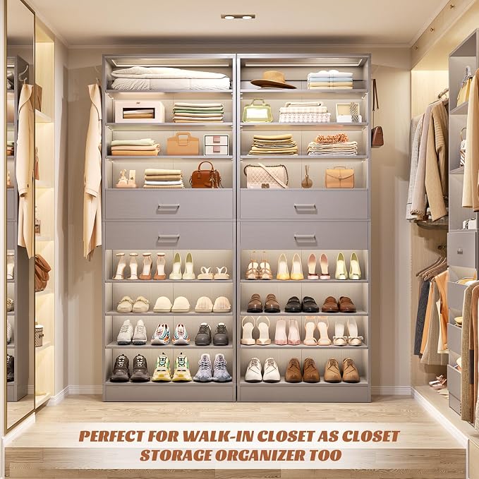 Aheaplus Tall Shoe Cabinet, 10 Tiers Wood Shoe Rack, Vertical Shoe Storage Organizer with 2 Drawers, Narrow Shoe Shelf Tower for 24-28 Pairs, Space Saving, for Closet, Entryway, Bedroom, Grey