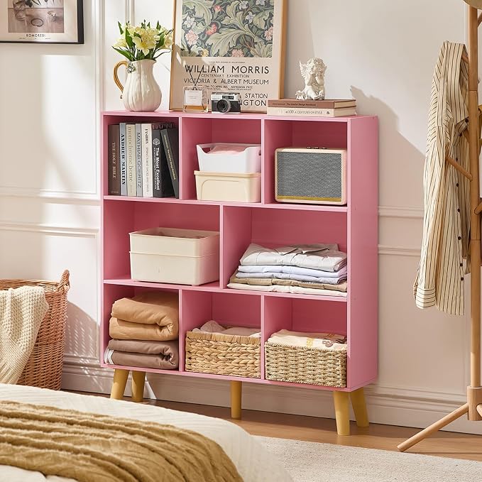 LEYAOYAO 8 Cube Bookshelf,Mid-Century Modern Bookcase with Legs,Light Pink | 3 Tier Book Shelf,Rustic Wood Bookshelves Freestanding Large Storage Organizer, Open Shelves for Bedroom, Living Room, Office