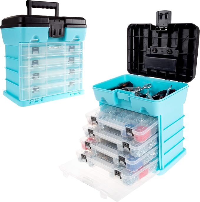 Small Parts Organizer Box - 10-Inch Portable Storage Case with 4 Removable Multi-Compartment Trays for Screws, Beads, Small Fishing Tackle, Hardware, and Craft Supplies by Stalwart (Light Blue)