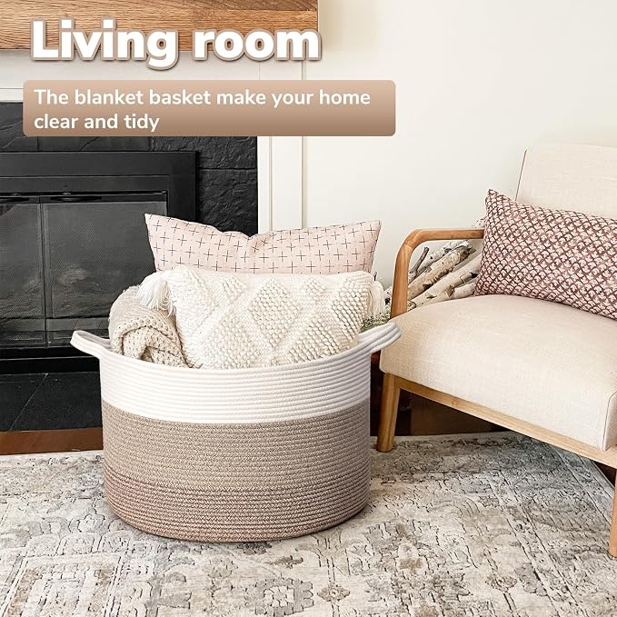 Goodpick Large Woven Basket for Blankets, Nursery & Living Room Decor, 85L | 21.7 x 21.7 x 13.8 In Baby Toy Storage Basket for Nursery, Blanket Basket for Living Room, Toy Bin, Light & Brown