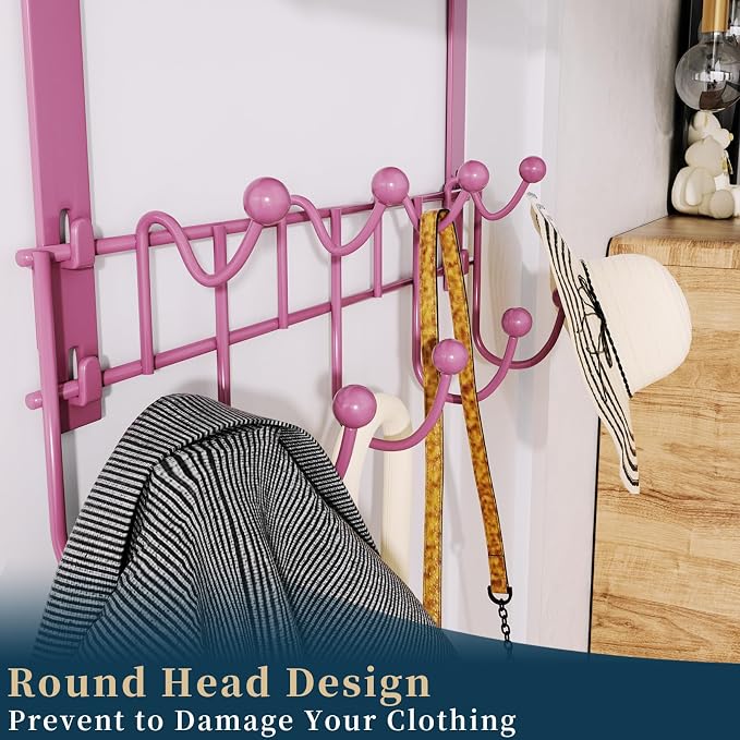 Consumest Over The Door Hooks Organizer - 3 Tier Door Hanger with 9 Coat Hooks & 2 Mesh Basket, Back Storage Organizer Hanging Towels for Bathroom, Bedroom, Pink