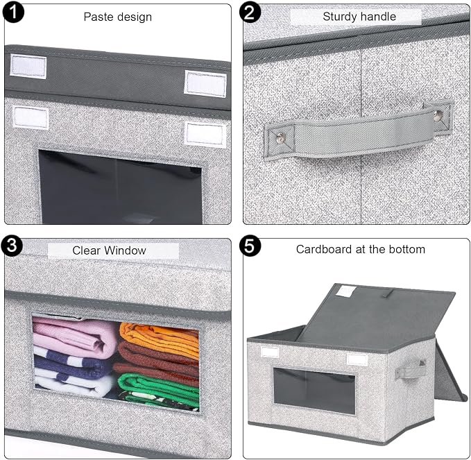 Univivi [4-Pack Fabric Storage Boxes Collapsible Storage Bins with Lids and Handles Cube Organizer Basket for Home, Closet, Bedroom (Gray, 14.4''x10''x8.3'') | Closet Storage Bins with Handles & Window, Collapsible Closet Organizers and Storage Cubes f...