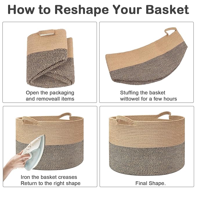 65L Large Blanket Basket,Woven Rope Laundry Basket-White | Collapsible, reinforced handles, nursery storage bin organizes clothes, toys and pillows for living room, bedroom bathroom