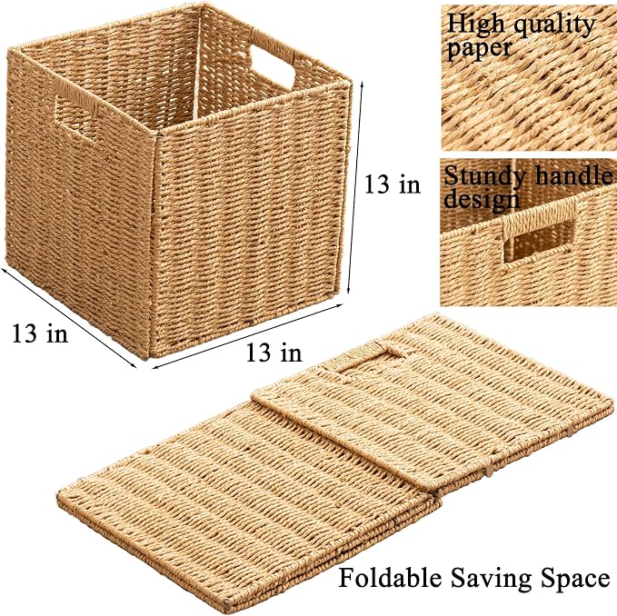 Foldable Storage Baskets with Handles Paper Rope Storage Baskets Rectangle Collapsible Hand Woven Storage Cubes Bins for Organizing Shelves Living Room Bedroom Pantry (4, 13'' x 13'' x 13'')