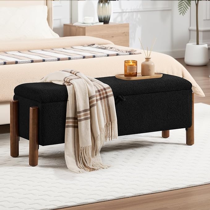 47'' Modern Storage Ottoman Benches with Walnut Wood Legs Ottoman Bench with 22 Gallons Storage Space Fabric Upholstered Seating End of Bed Bench for Bedroom for Livingroom (Black)