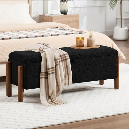47'' Modern Storage Ottoman Benches with Walnut Wood Legs Ottoman Bench with 22 Gallons Storage Space Fabric Upholstered Seating End of Bed Bench for Bedroom for Livingroom (Black)