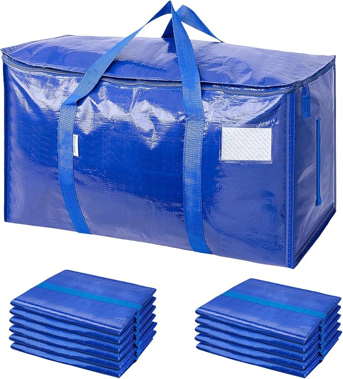 TICONN 12 Pack Extra Large Moving Bags Heavy Duty with Zippers & Carrying Handles, Durable Storage Bags Moving Boxes for Closet Organizers and Storage (12 Pack, Blue)